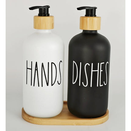 3 Pcs Of 500Ml Glass Dispenser With Bamboo Tray ,Letters"Hands""Dishes"