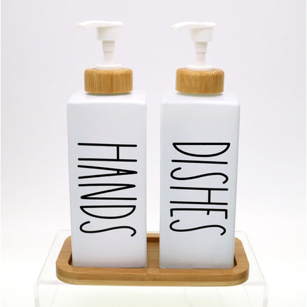 3 Pcs Of 300Ml Glass Dispenser With Bamboo Tray ,Letters"Hands""Dishes"