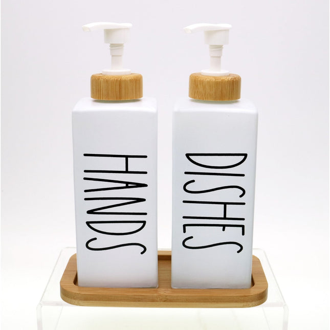 3 Pcs Of 300Ml Glass Dispenser With Bamboo Tray ,Letters"Hands""Dishes"