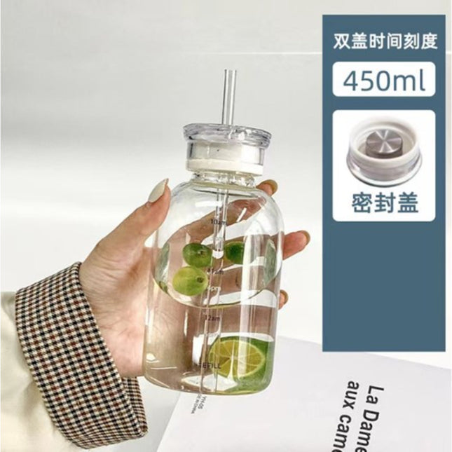 Two Lid Glass Water Bottle