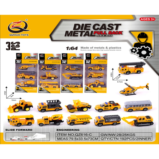 1:64 Pull-back alloy car (3 packs) engineering series 12 mixed