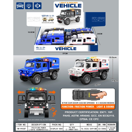 Inertia Unimog police car/light/music 3 buttons/openable doors (6 pieces) 3 colors/box