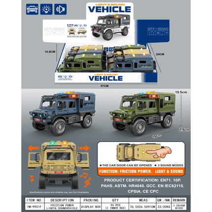 Inertia Unimog military car/light/music 3 buttons/openable doors (6 pieces) 3 colors/box